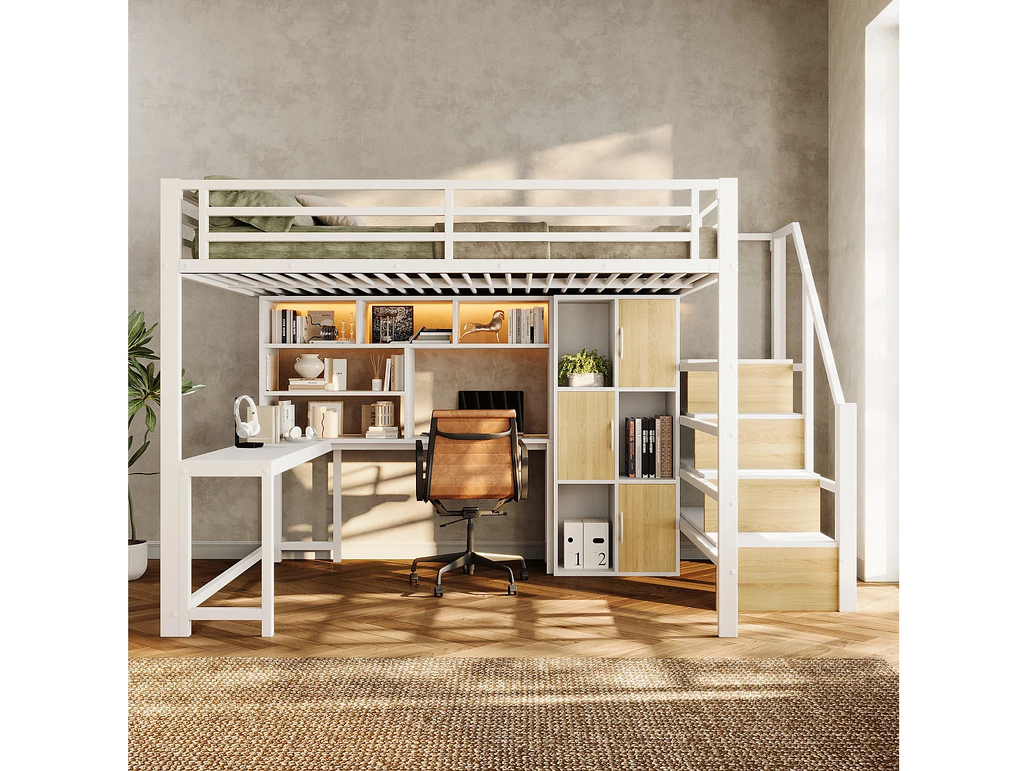 Hochbett 140 x 200 cm mit Schreibtisch, Stauraumtreppe, Schränken, Regalen und LED-Beleuchtung – Metall und MDF – Weiß (Matratze nicht im Lieferumfang enthalten)