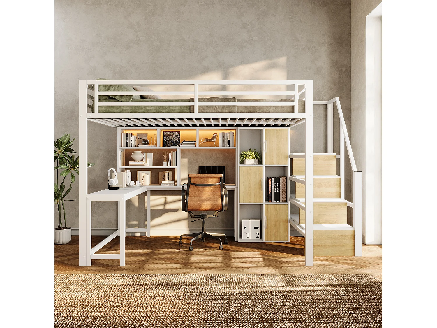 Hochbett 140 x 200 cm mit Schreibtisch, Stauraumtreppe, Schränken, Regalen und LED-Beleuchtung – Metall und MDF – Weiß (Matratze nicht im Lieferumfang enthalten)