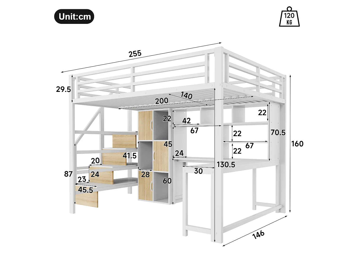 Hochbett 140 x 200 cm mit Schreibtisch, Stauraumtreppe, Schränken, Regalen und LED-Beleuchtung – Metall und MDF – Weiß (Matratze nicht im Lieferumfang enthalten)