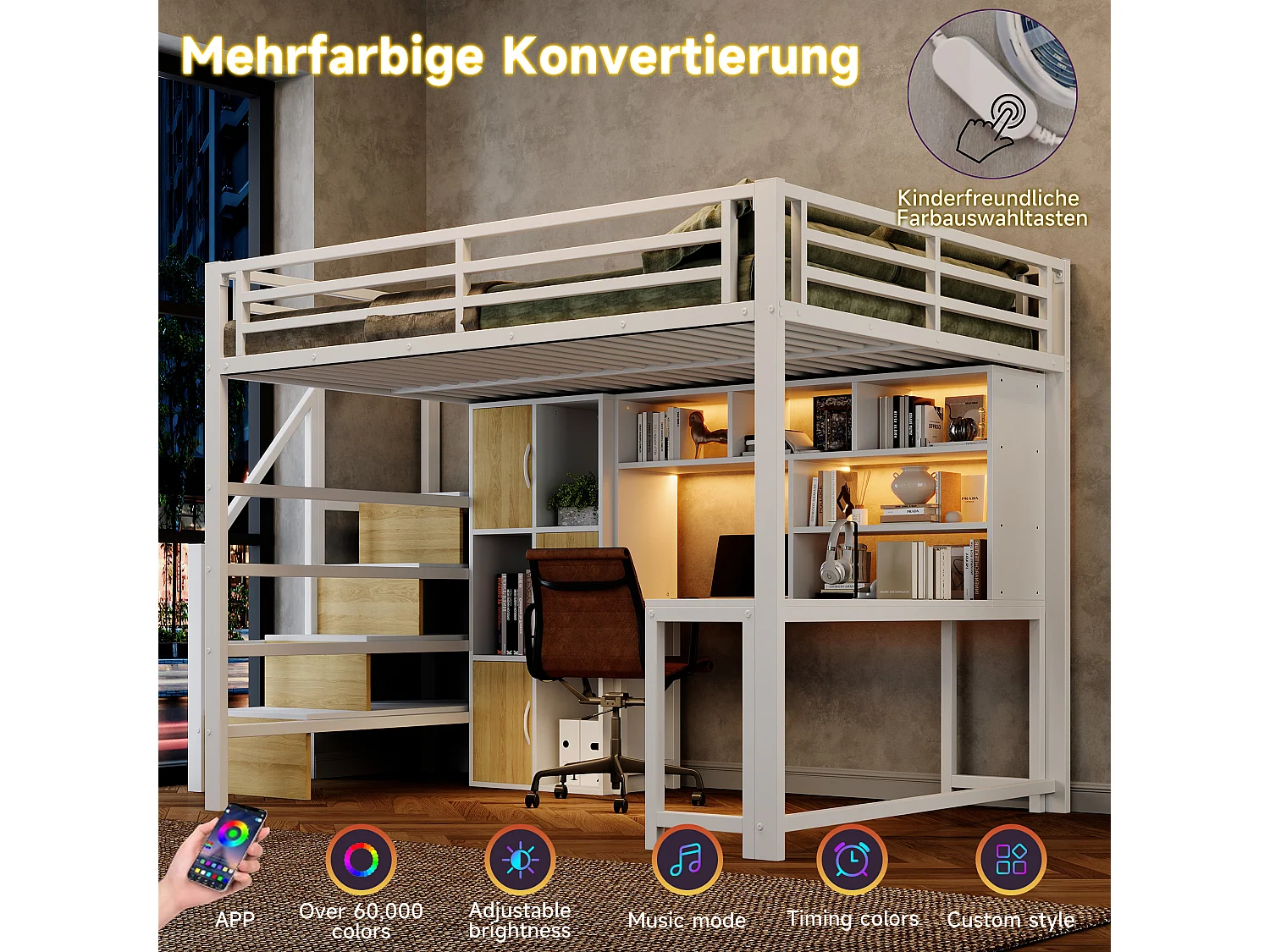 Hochbett 140 x 200 cm mit Schreibtisch, Stauraumtreppe, Schränken, Regalen und LED-Beleuchtung – Metall und MDF – Weiß (Matratze nicht im Lieferumfang enthalten)