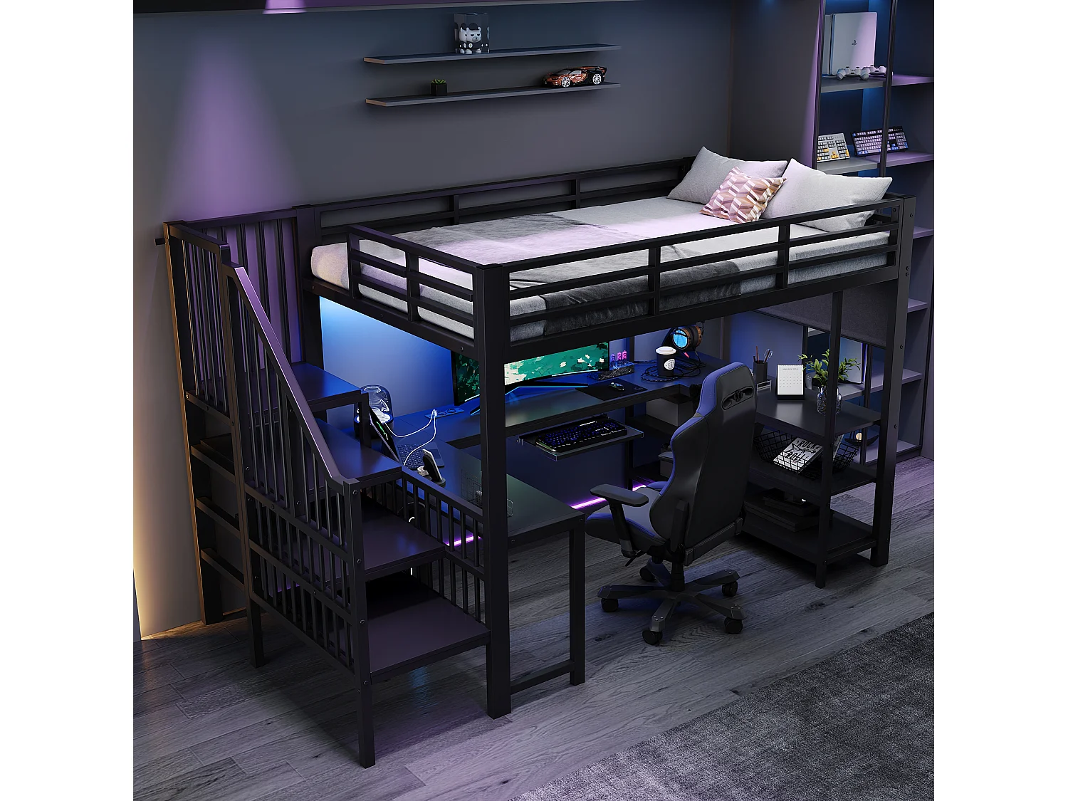 120 x 200 cm mezzanine bed - with power outlet and LED light - with desk, keyboard tray and stairs - Black (mattress not included)