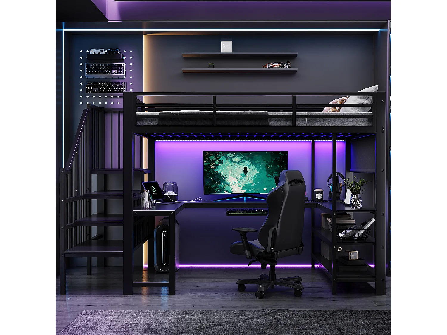 120 x 200 cm mezzanine bed - with power outlet and LED light - with desk, keyboard tray and stairs - Black (mattress not included)
