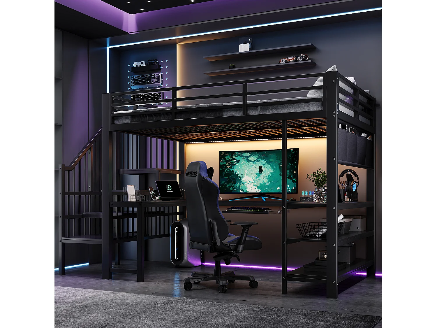 120 x 200 cm mezzanine bed - with power outlet and LED light - with desk, keyboard tray and stairs - Black (mattress not included)