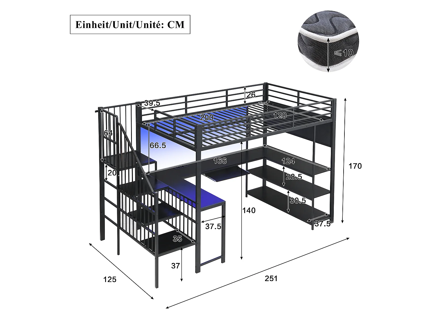 120 x 200 cm mezzanine bed - with power outlet and LED light - with desk, keyboard tray and stairs - Black (mattress not included)