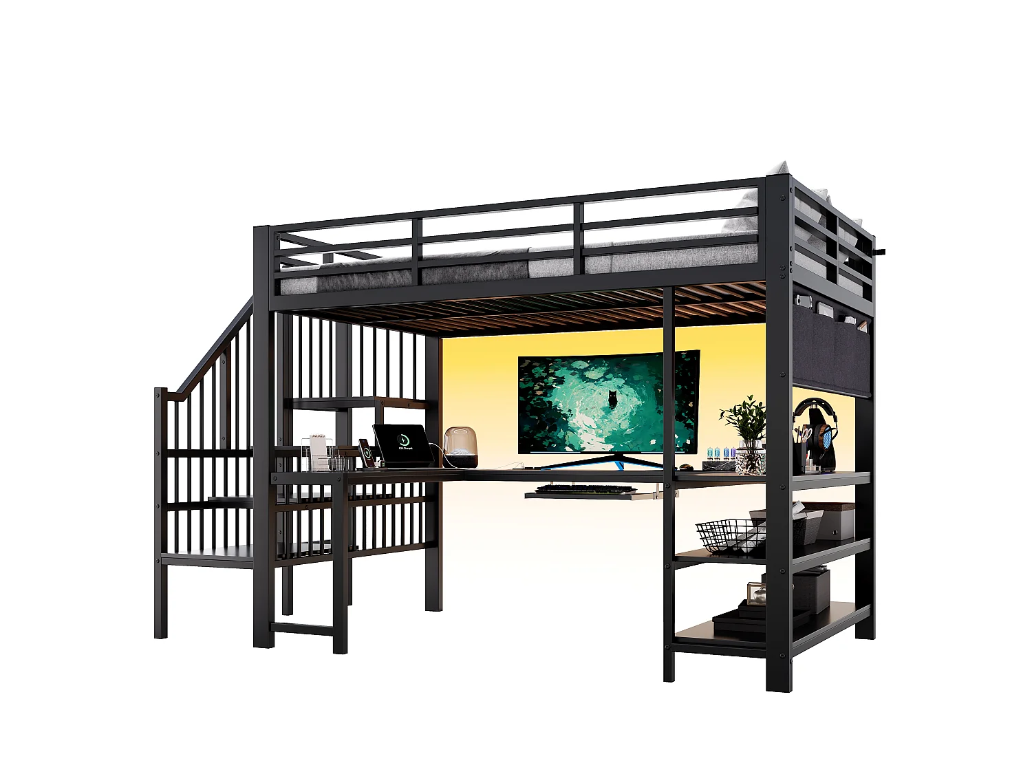 120 x 200 cm mezzanine bed - with power outlet and LED light - with desk, keyboard tray and stairs - Black (mattress not included)