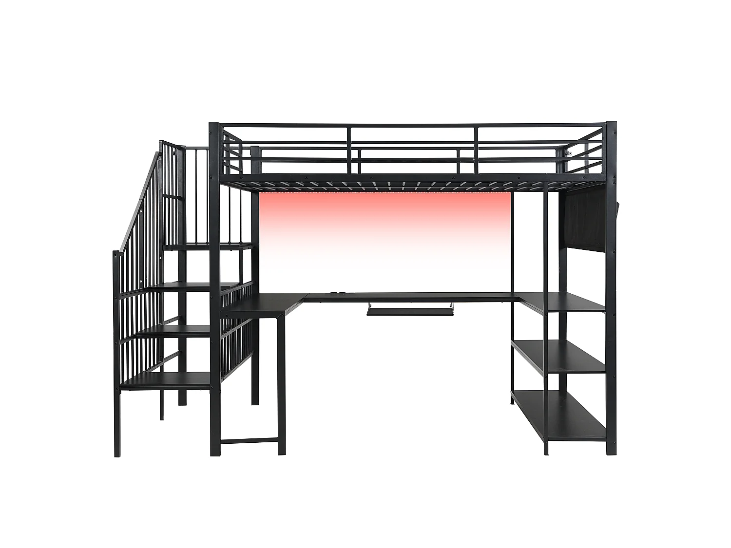 120 x 200 cm mezzanine bed - with power outlet and LED light - with desk, keyboard tray and stairs - Black (mattress not included)