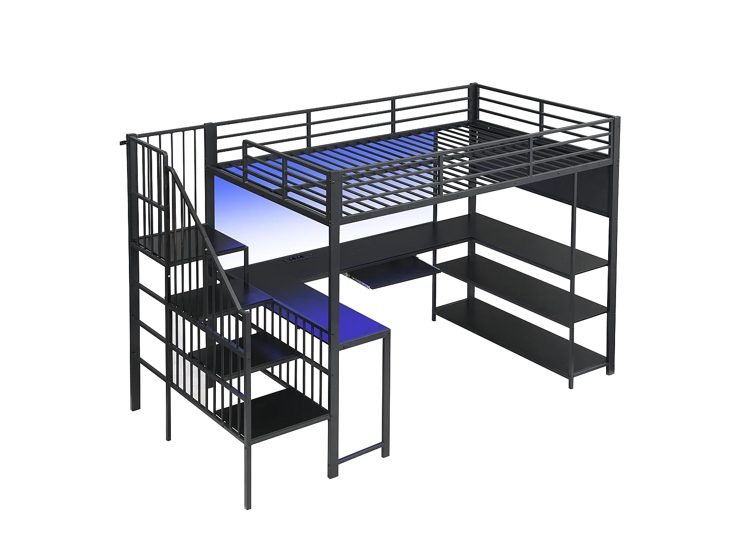 120 x 200 cm mezzanine bed - with power outlet and LED light - with desk, keyboard tray and stairs - Black (mattress not included)