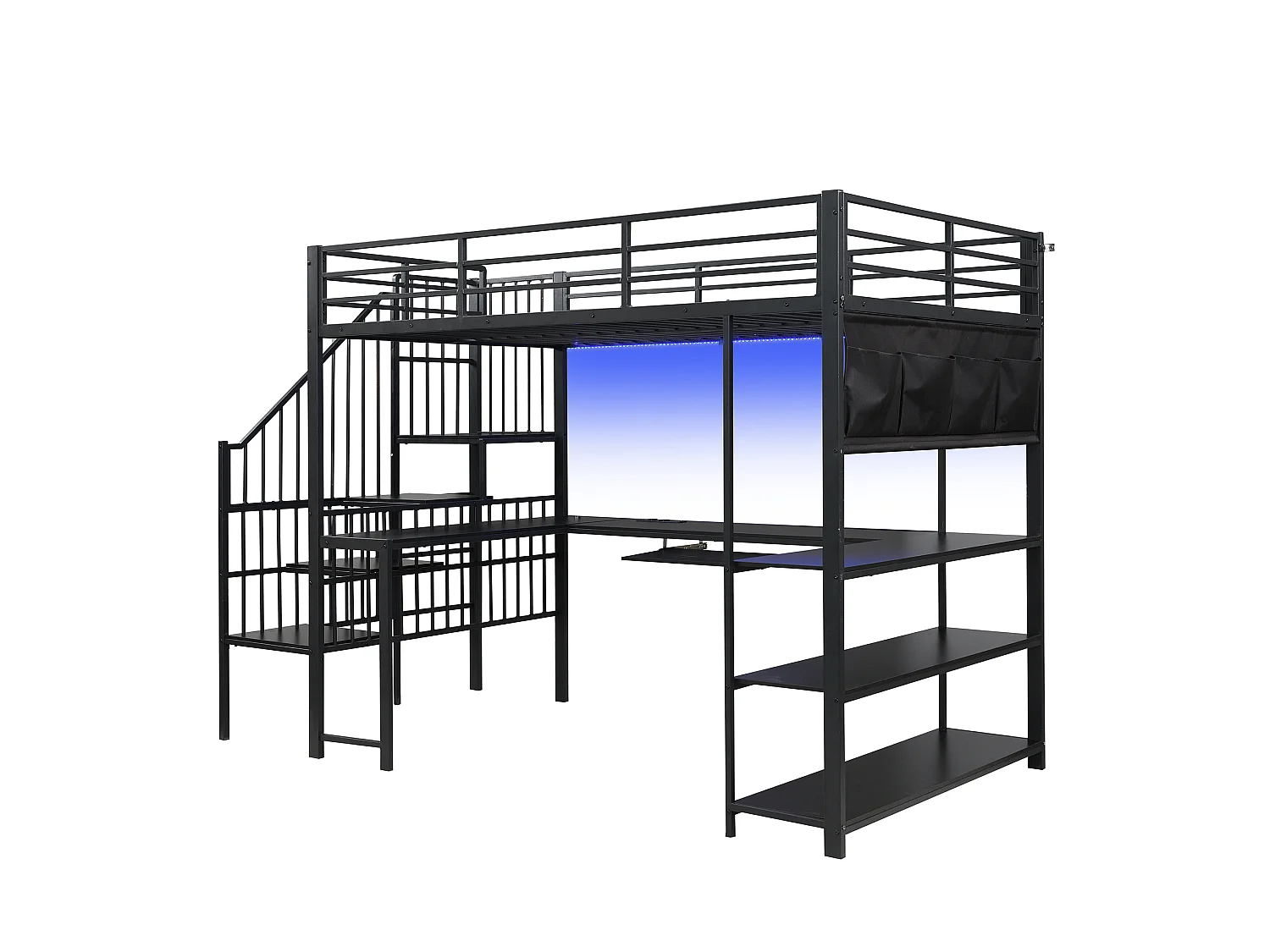120 x 200 cm mezzanine bed - with power outlet and LED light - with desk, keyboard tray and stairs - Black (mattress not included)