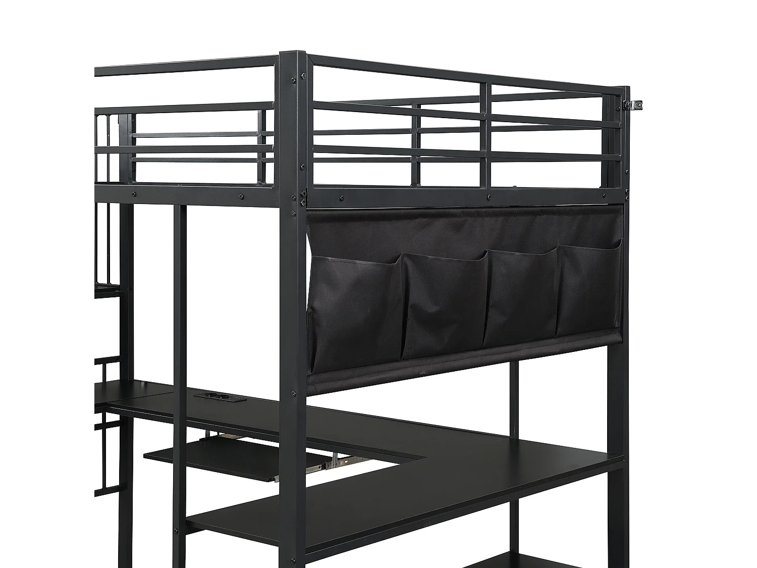 120 x 200 cm mezzanine bed - with power outlet and LED light - with desk, keyboard tray and stairs - Black (mattress not included)