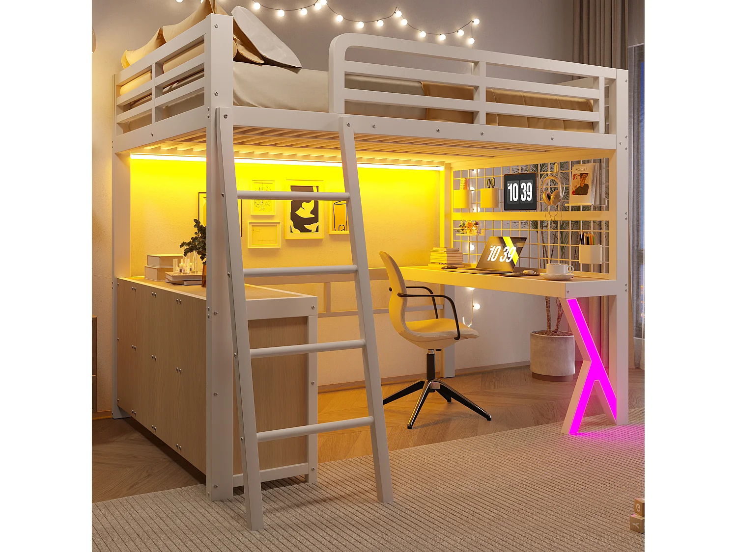 Hochbett 140 x 200 cm mit Schreibtisch, Stauraum, Drahtgitterwand und LED-Beleuchtung – Metall und MDF – Weiß (Matratze nicht im Lieferumfang enthalten)
