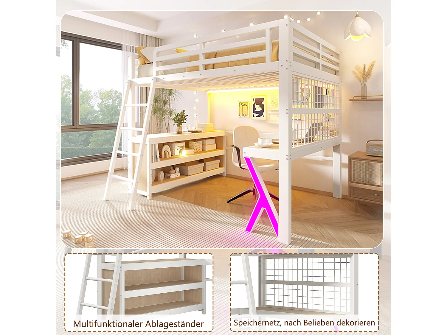 Hochbett 140 x 200 cm mit Schreibtisch, Stauraum, Drahtgitterwand und LED-Beleuchtung – Metall und MDF – Weiß (Matratze nicht im Lieferumfang enthalten)