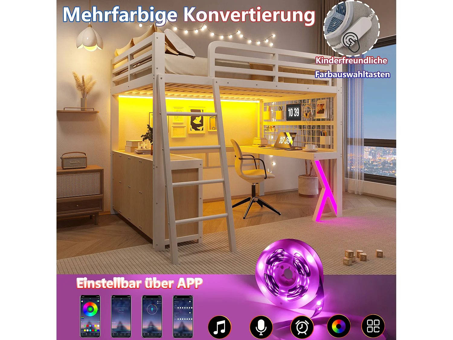 Hochbett 140 x 200 cm mit Schreibtisch, Stauraum, Drahtgitterwand und LED-Beleuchtung – Metall und MDF – Weiß (Matratze nicht im Lieferumfang enthalten)