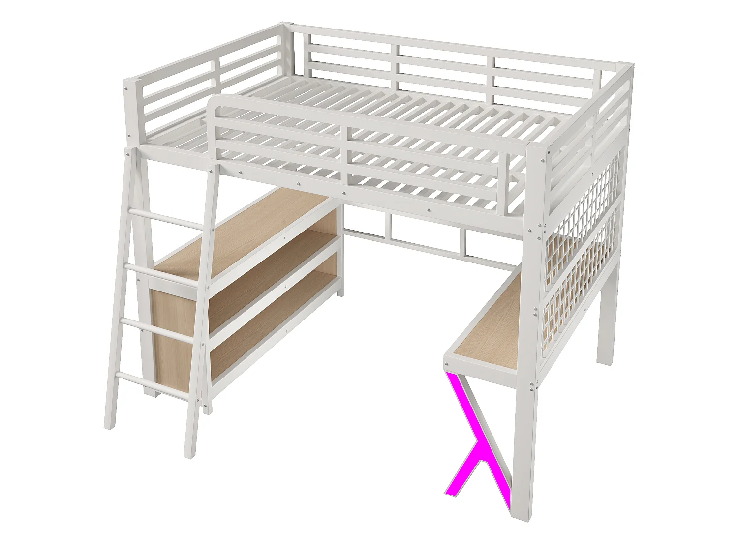 Hochbett 140 x 200 cm mit Schreibtisch, Stauraum, Drahtgitterwand und LED-Beleuchtung – Metall und MDF – Weiß (Matratze nicht im Lieferumfang enthalten)