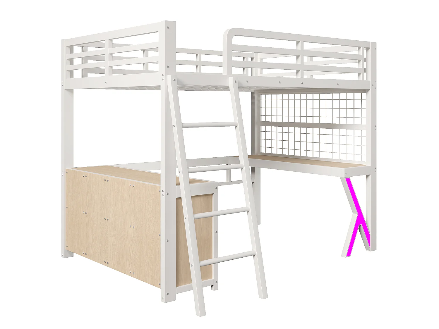 Hochbett 140 x 200 cm mit Schreibtisch, Stauraum, Drahtgitterwand und LED-Beleuchtung – Metall und MDF – Weiß (Matratze nicht im Lieferumfang enthalten)
