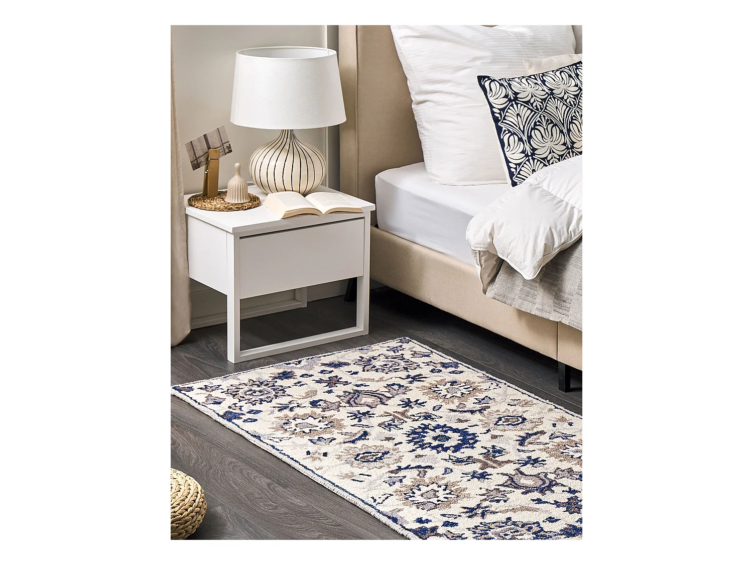 Moderner Wollteppich mit orientalischem Muster 80 x 150 cm beige/blau Kumru