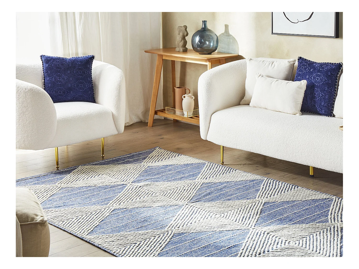 Teppich Wolle beige/blau mit geometrischem Muster rechteckig 140x200 cm Datca