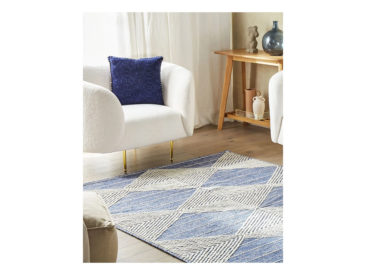 Teppich Wolle beige/blau mit geometrischem Muster rechteckig 160x230 cm Datca