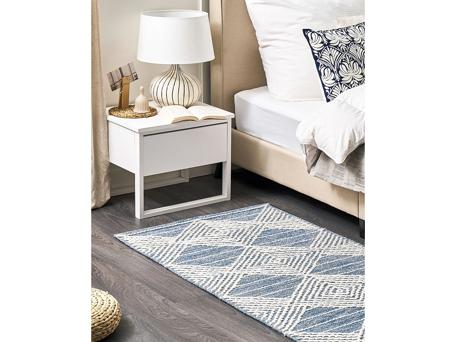 Vloerkleed wol lichtbeige/blauw 80 x 150 cm DATCA