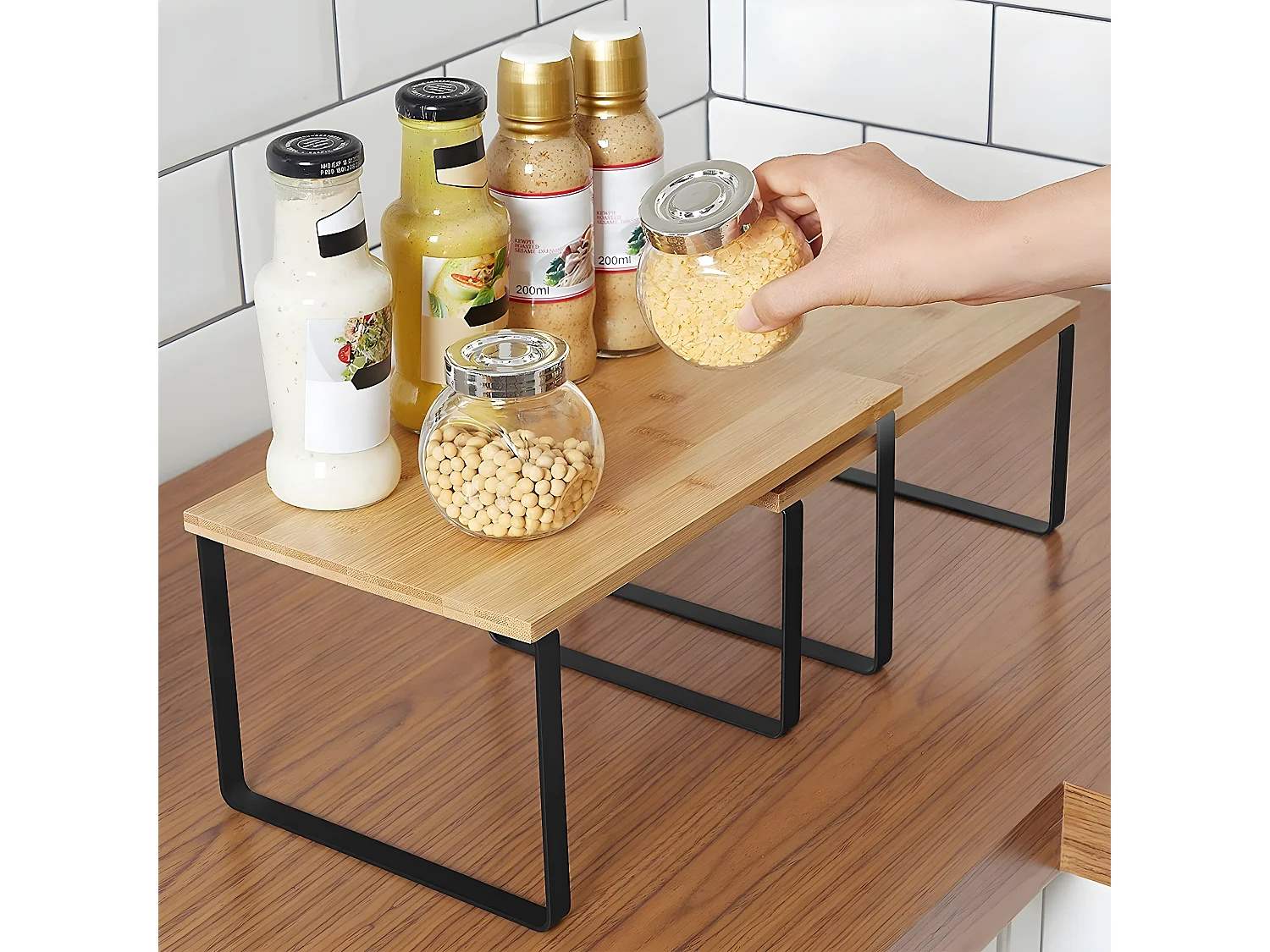 Set di 2 ripiani impilabili in bambù e metallo