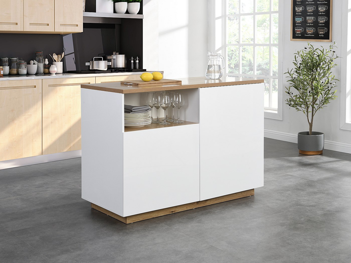 Isola Cucina Mobile Con Tavolo Estraibile 100x42-70x91.5cm, Portabicchieri E Cassetti, Bianco E Legno Chiaro, Ruote Bloccabili