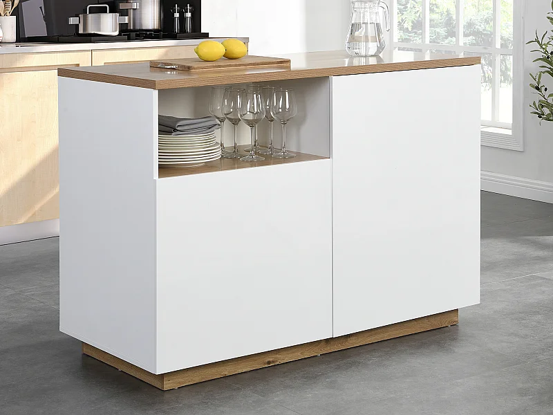 Isola centrale da cucina con 2 ante e 1 nicchia in MDF Naturale e Bianco - CORELINA