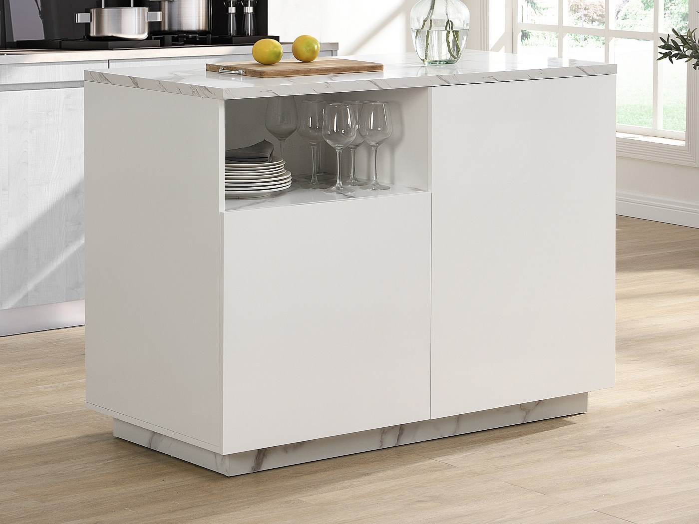 Îlot Central De Cuisine Blanc Effet Marbre – 2 Portes, 1 Niche, MDF, 120 Cm, Design Tendance Corelina