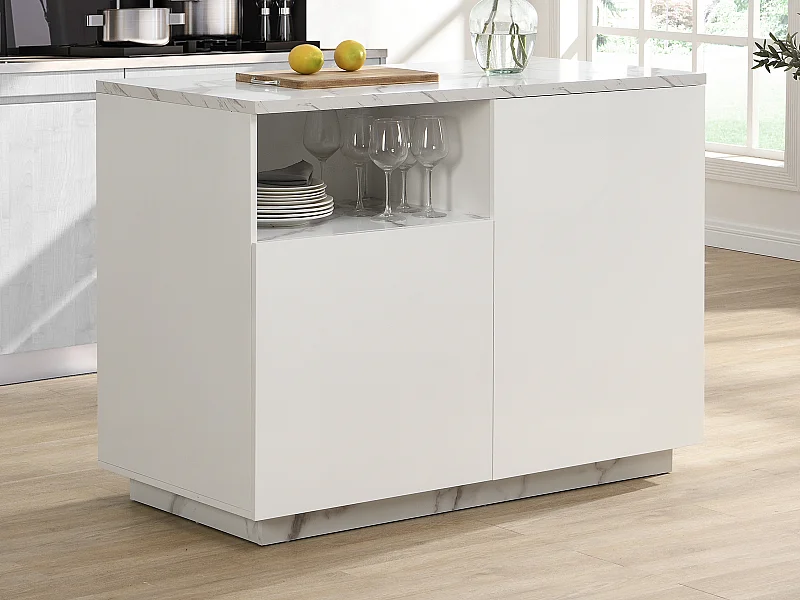 Ilot central de cuisine avec 2 portes et 1 niche en MDF - Effet marbre blanc - CORELINA