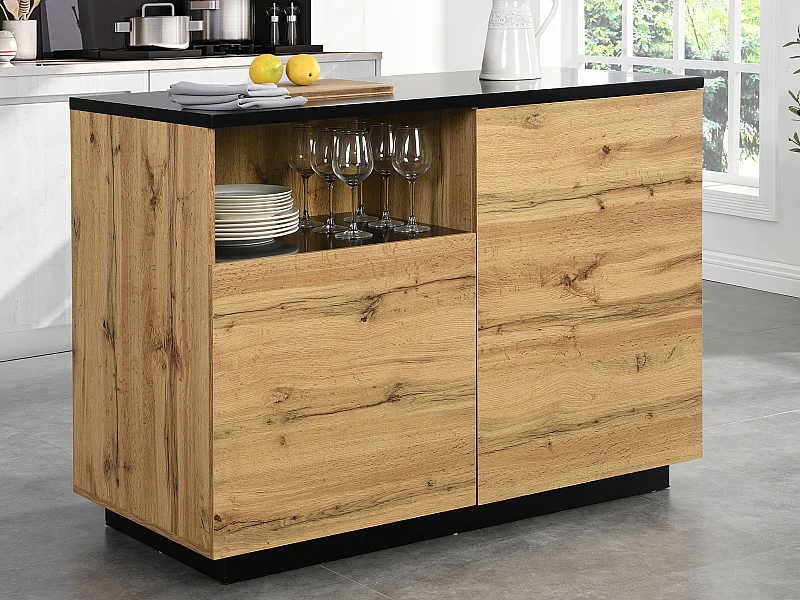 Ilot central de cuisine avec 2 portes et 1 niche en MDF - Naturel et noir - CORELINA
