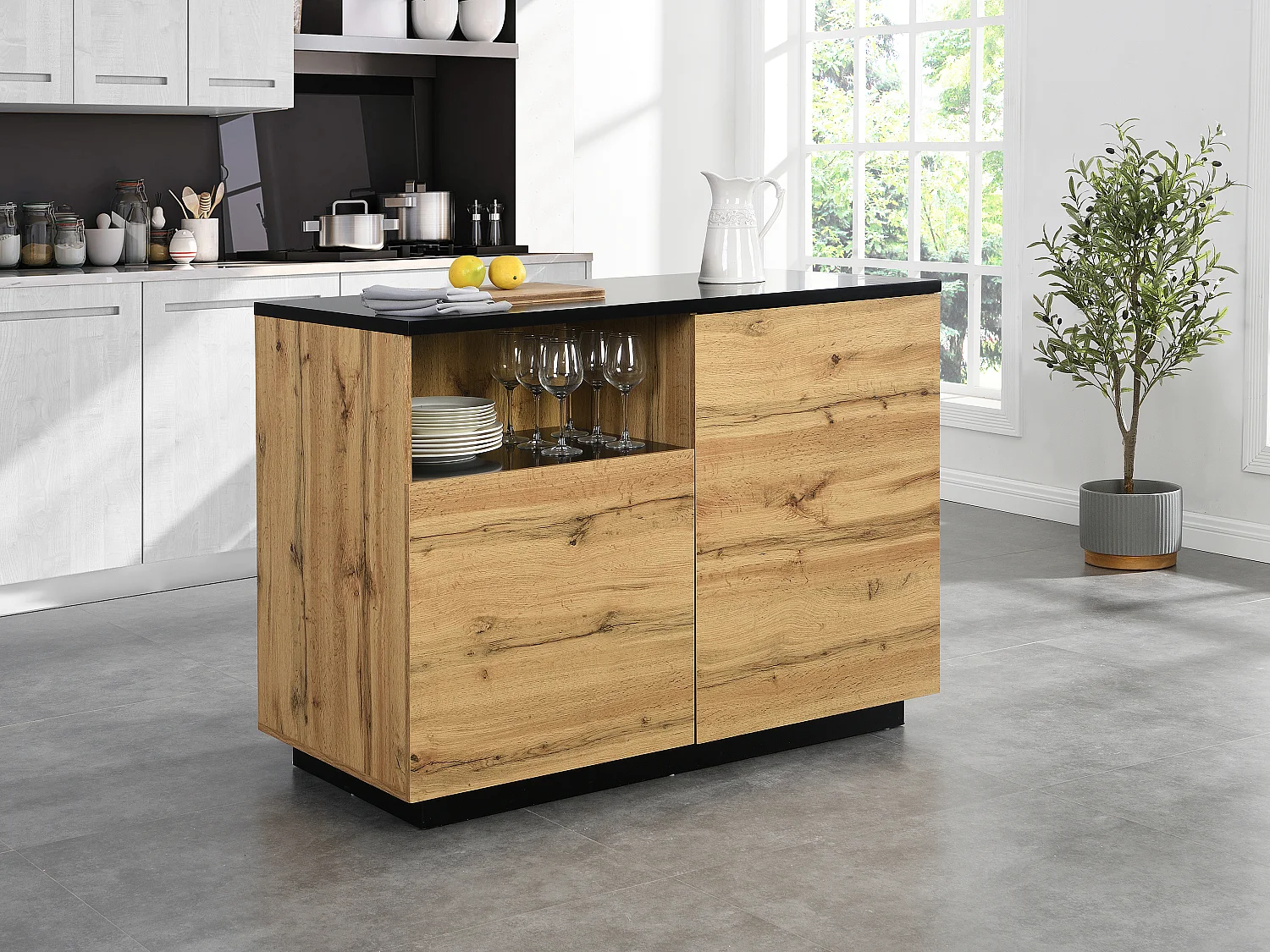Ilot central de cuisine avec 2 portes et 1 niche en MDF - Naturel et noir - CORELINA