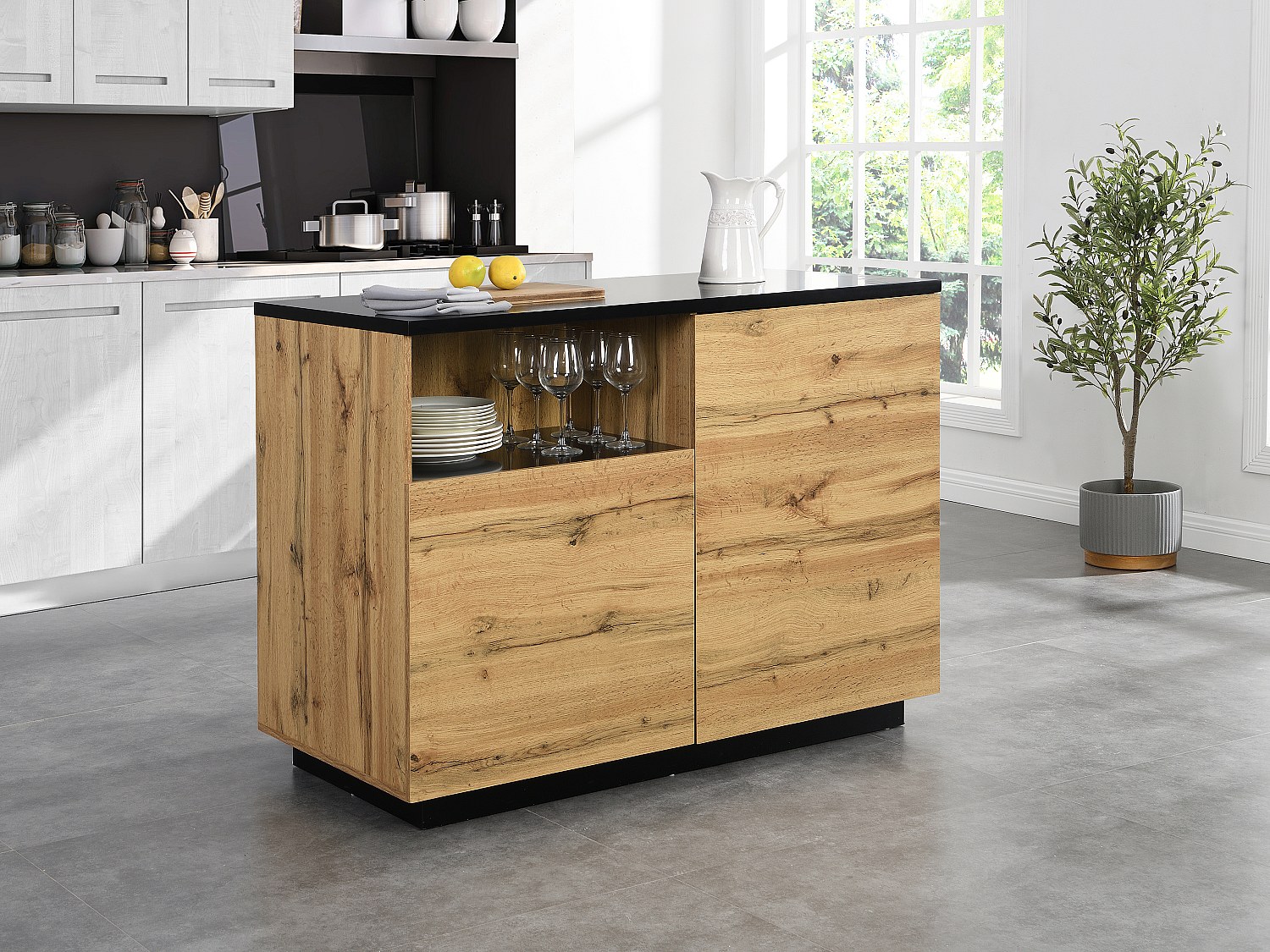 Vente-unique Kücheninsel Mit 2 Türen & 1 Ablagefach Aus Mdf - Holzfarben & Schwarz - Corelina