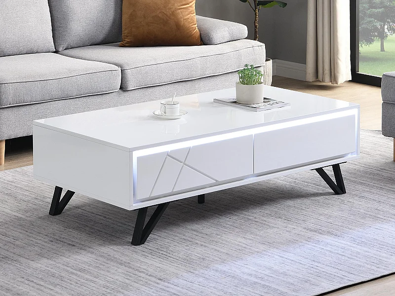 Stolik kawowy z 2 szufladami z oświetleniem LED z MDF-u – Biały lakierowany – SALIANO