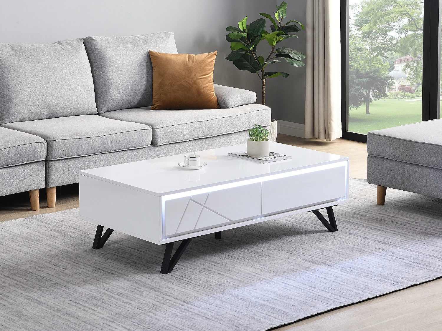 Couchtisch mit 2 Schubladen & LED-Beleuchtung aus MDF - Weiß lackiert - SALIANO