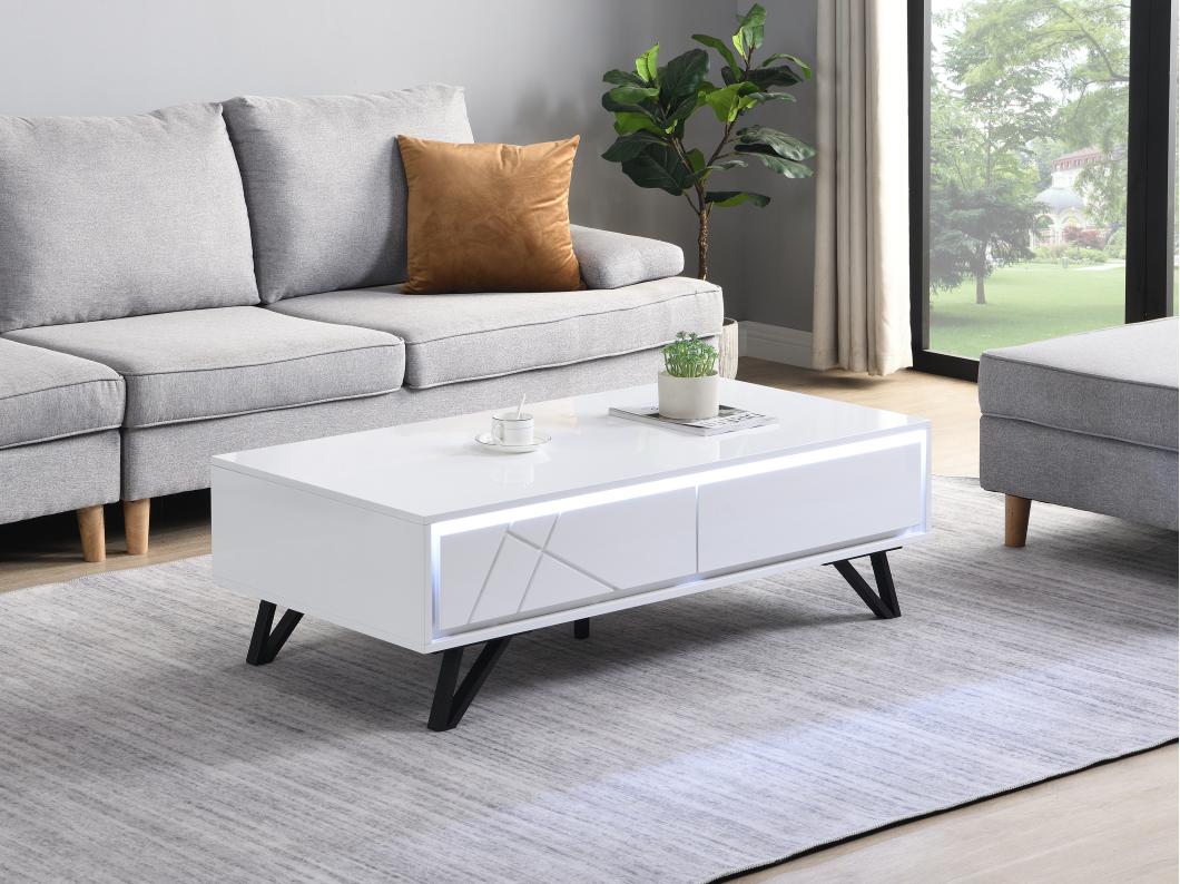 Couchtisch mit 2 Schubladen & LED-Beleuchtung aus MDF - Weiß lackiert - SALIANO
