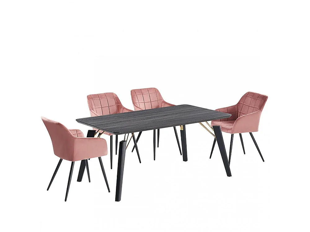 CAMDEN COSMO - Ensemble Table à Manger Rectangulaire Noire + 4 Chaises en Velours Capitonnée Rose