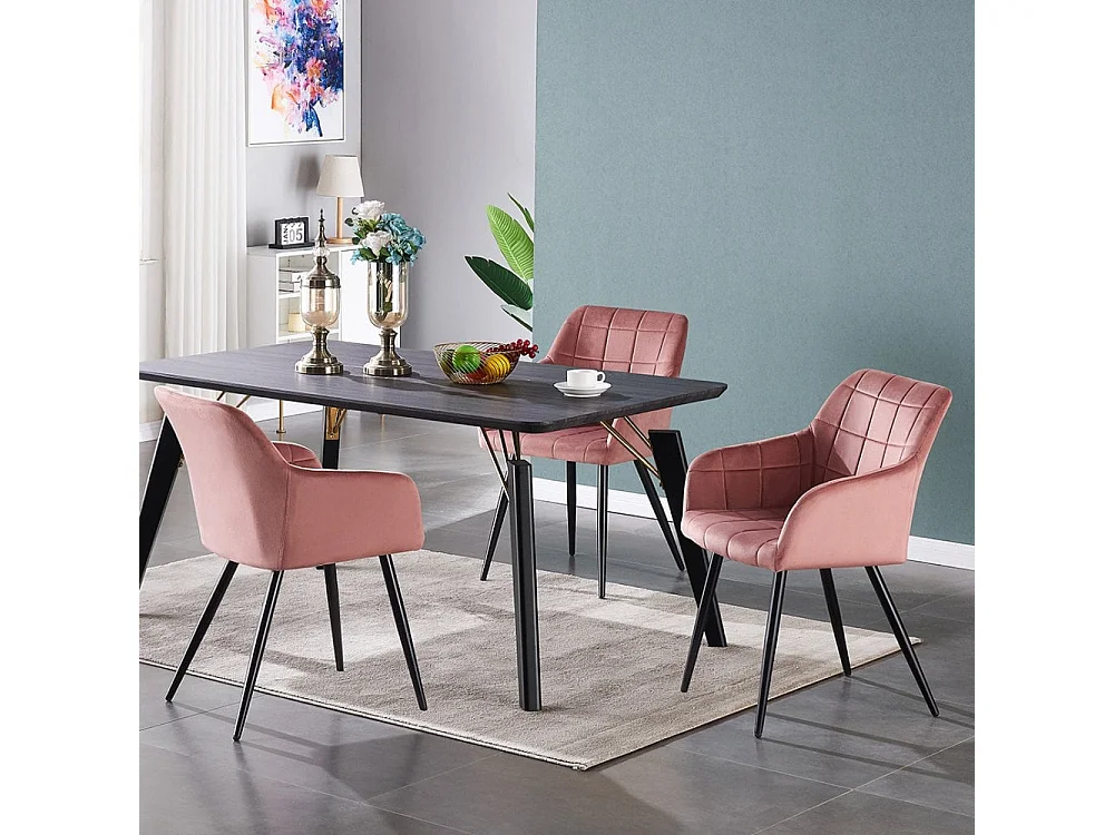 CAMDEN COSMO - Ensemble Table à Manger Rectangulaire Noire + 4 Chaises en Velours Capitonnée Rose