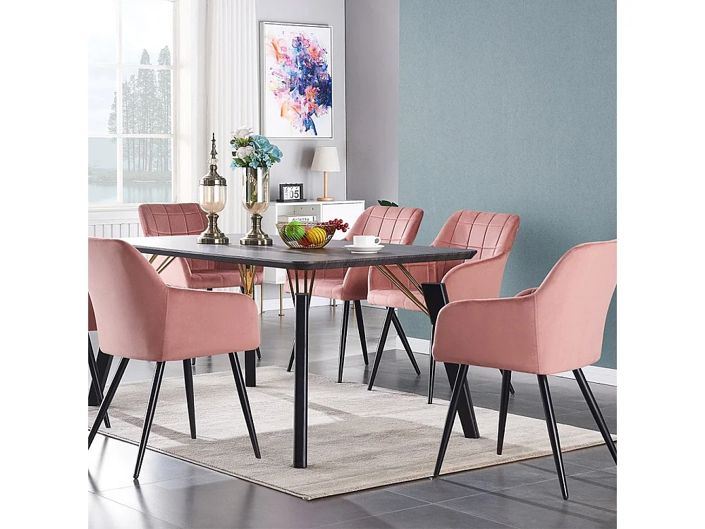 CAMDEN COSMO - Ensemble Table à Manger Rectangulaire Noire + 4 Chaises en Velours Capitonnée Rose