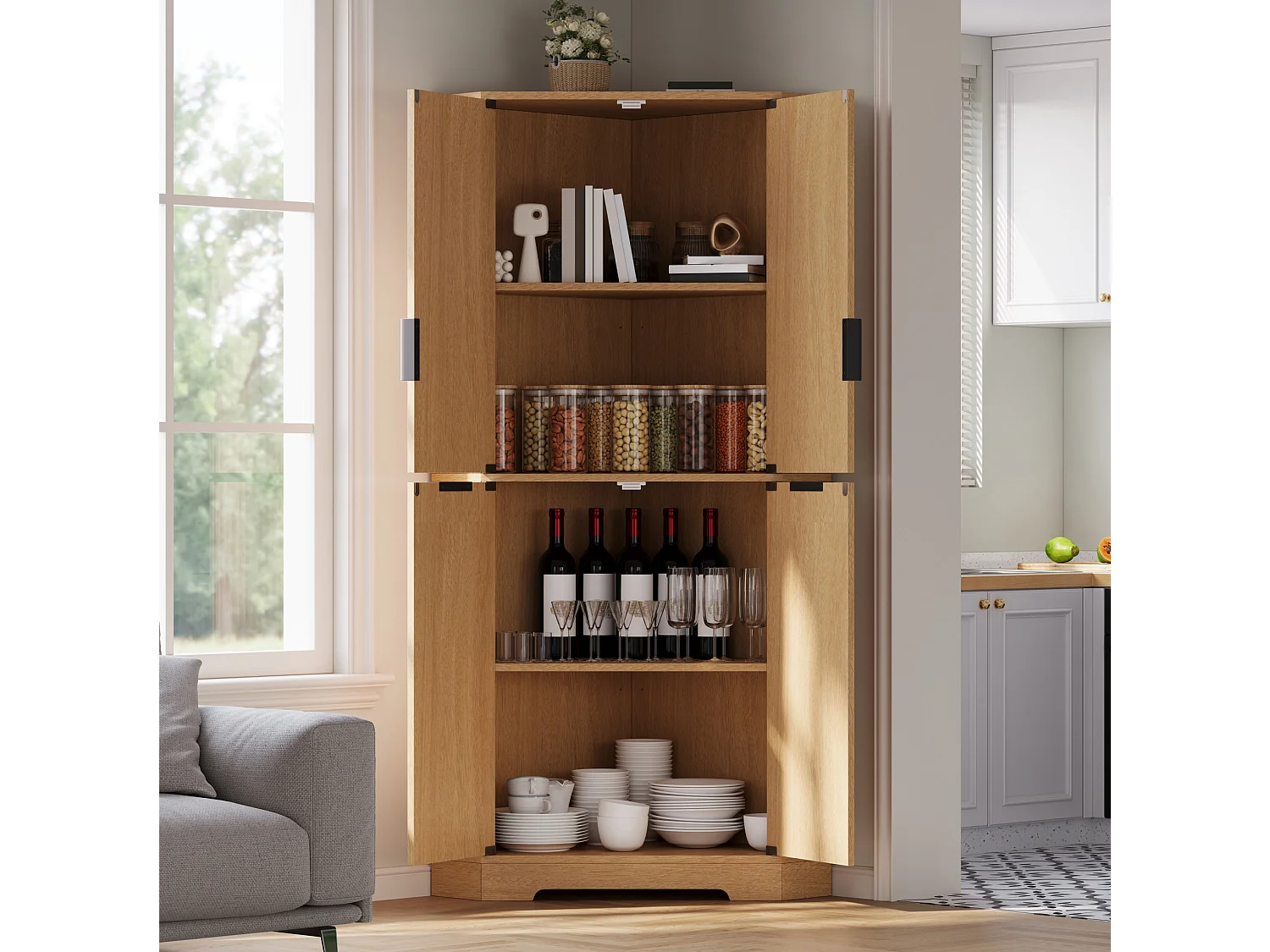 Buffet d'angle avec 4 portes et étagères réglables - Naturel clair 60 × 60 × 172 cm