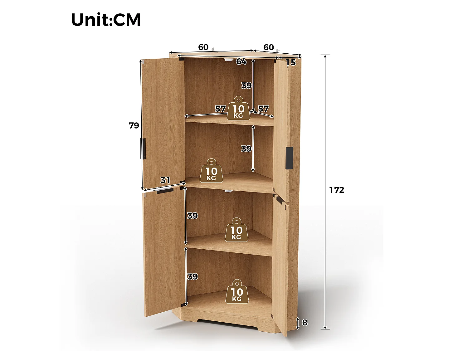 Buffet d'angle avec 4 portes et étagères réglables - Naturel clair 60 × 60 × 172 cm
