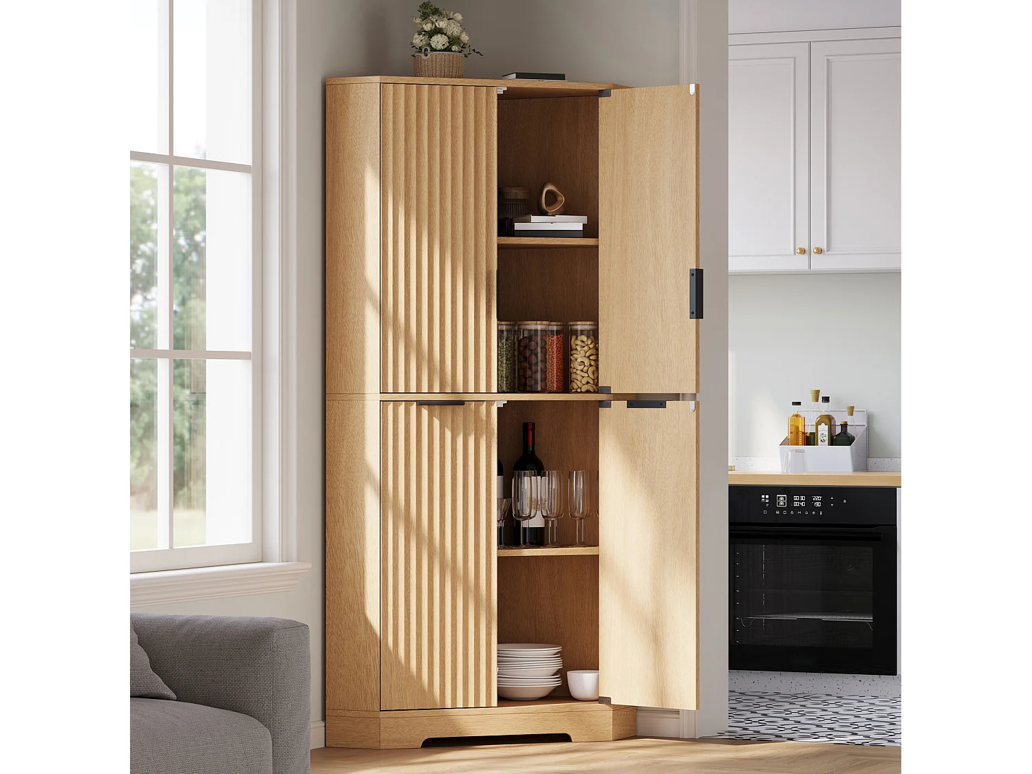 Buffet d'angle avec 4 portes et étagères réglables - Naturel clair 60 × 60 × 172 cm