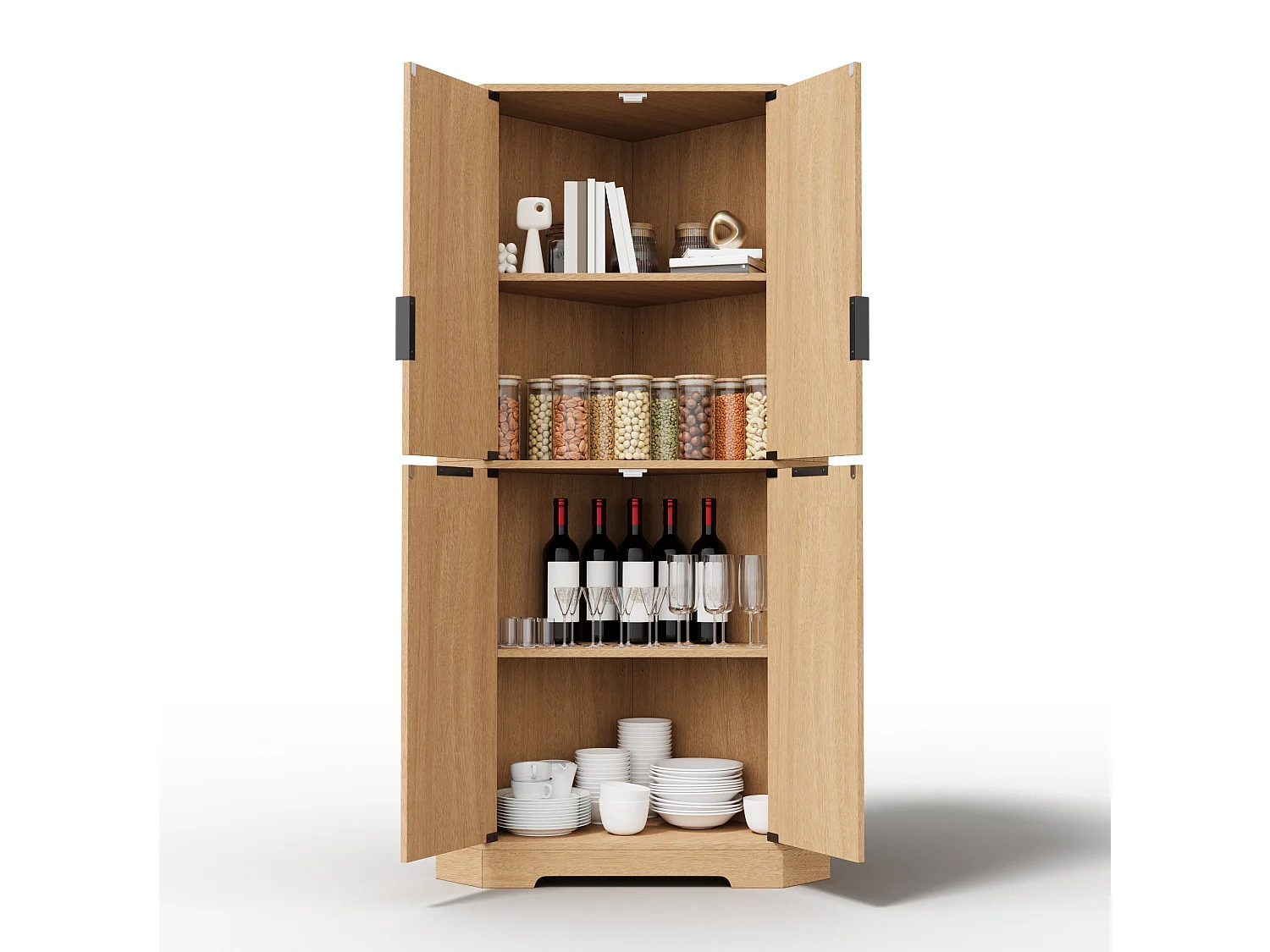 Buffet d'angle avec 4 portes et étagères réglables - Naturel clair 60 × 60 × 172 cm