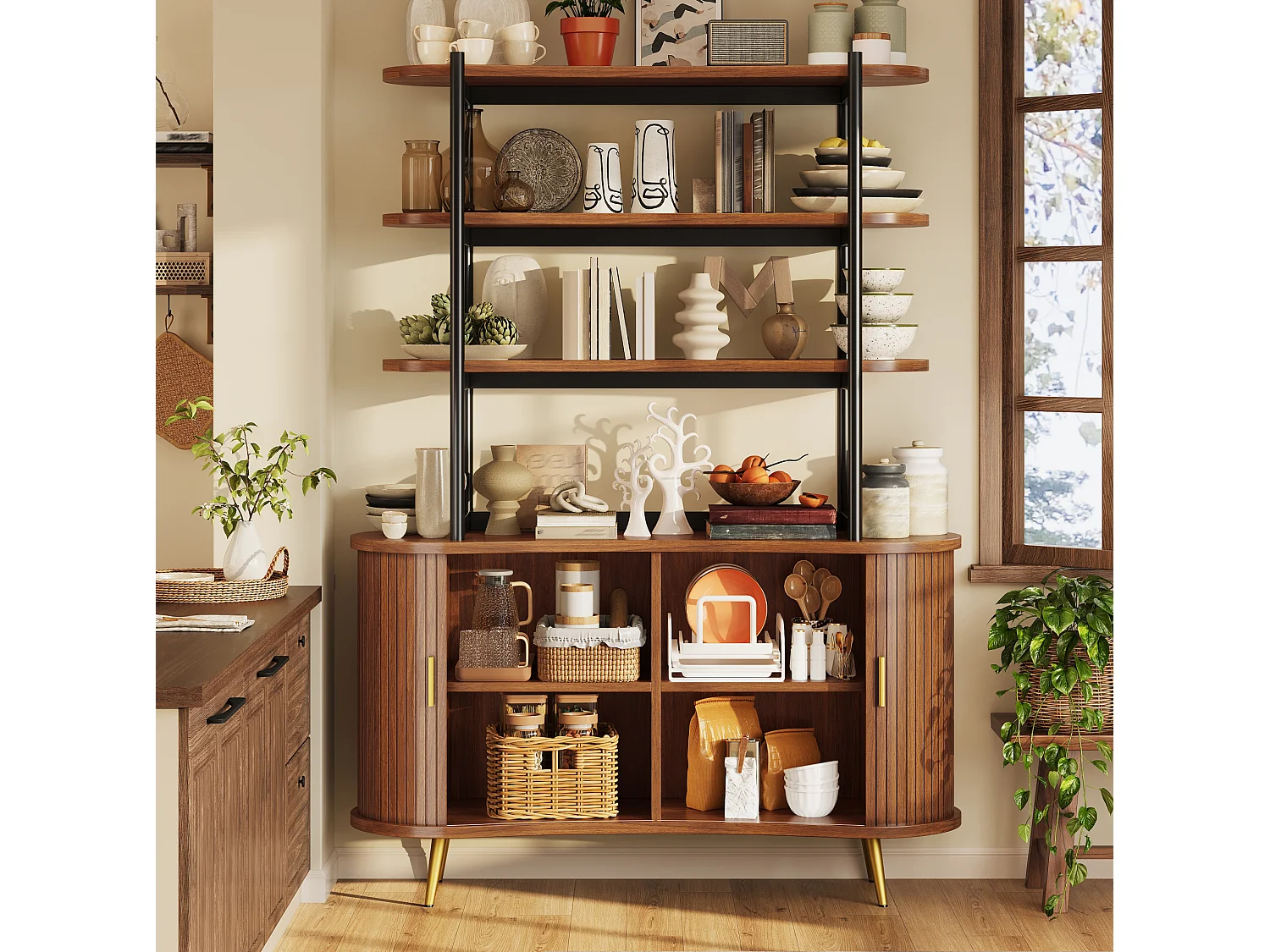 Buffet avec portes coulissantes et étagère ouverte - Marron foncé