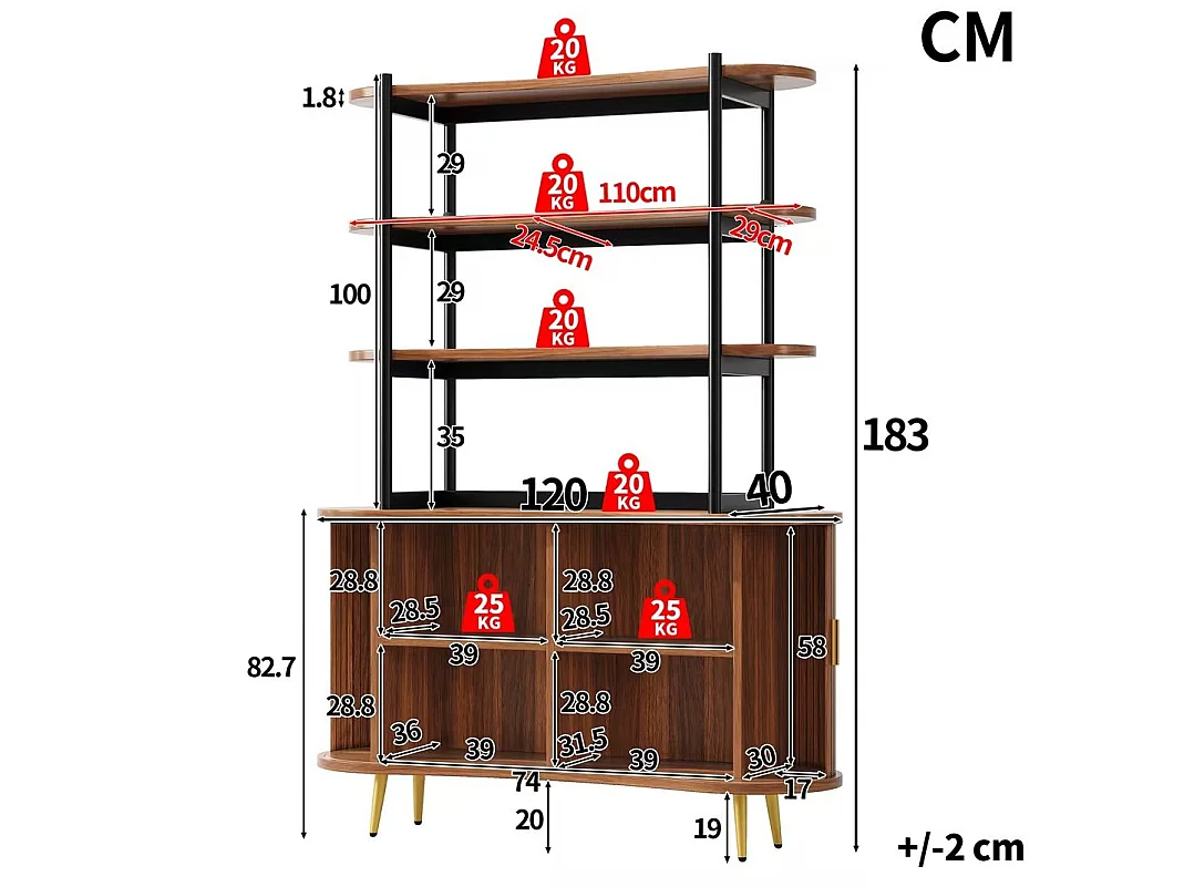 Buffet avec portes coulissantes et étagère ouverte - Marron foncé