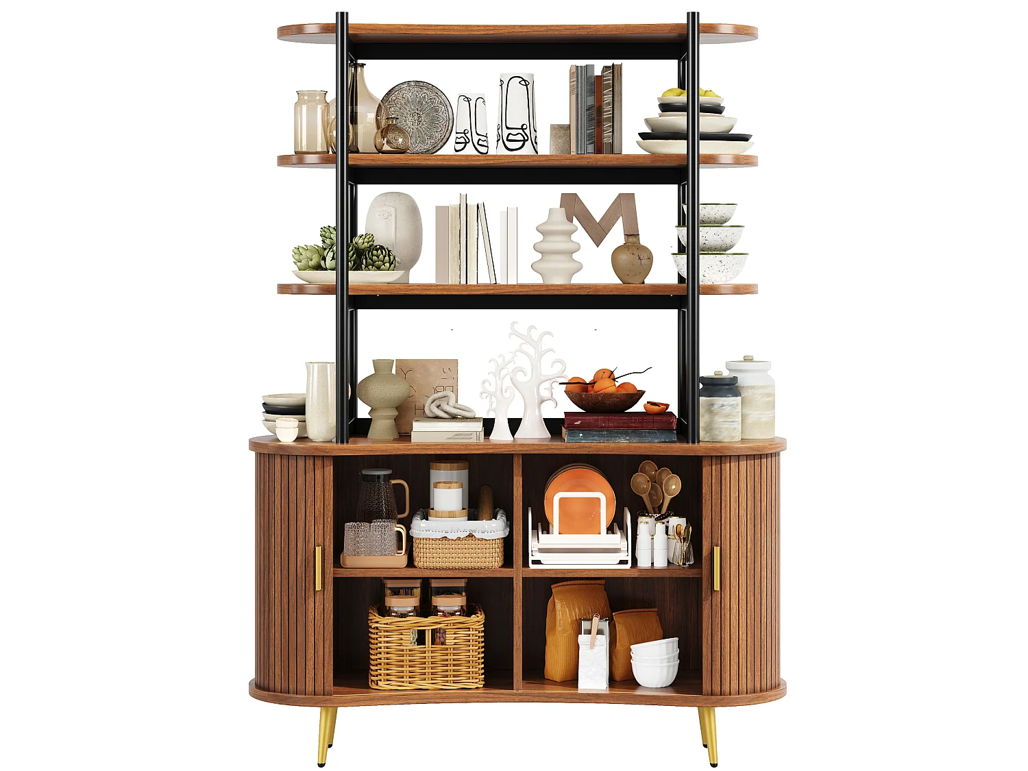 Buffet avec portes coulissantes et étagère ouverte - Marron foncé