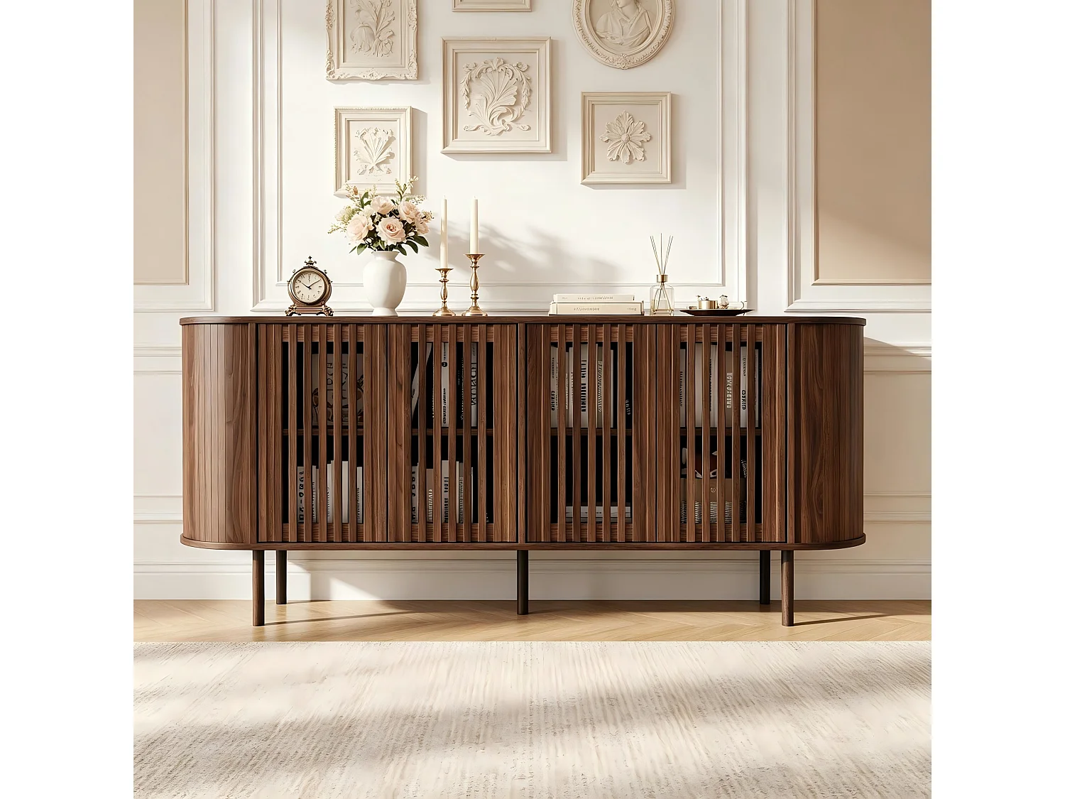 Buffet 160 x 40 x 70 cm avec 4 portes et étagères réglables - Marron
