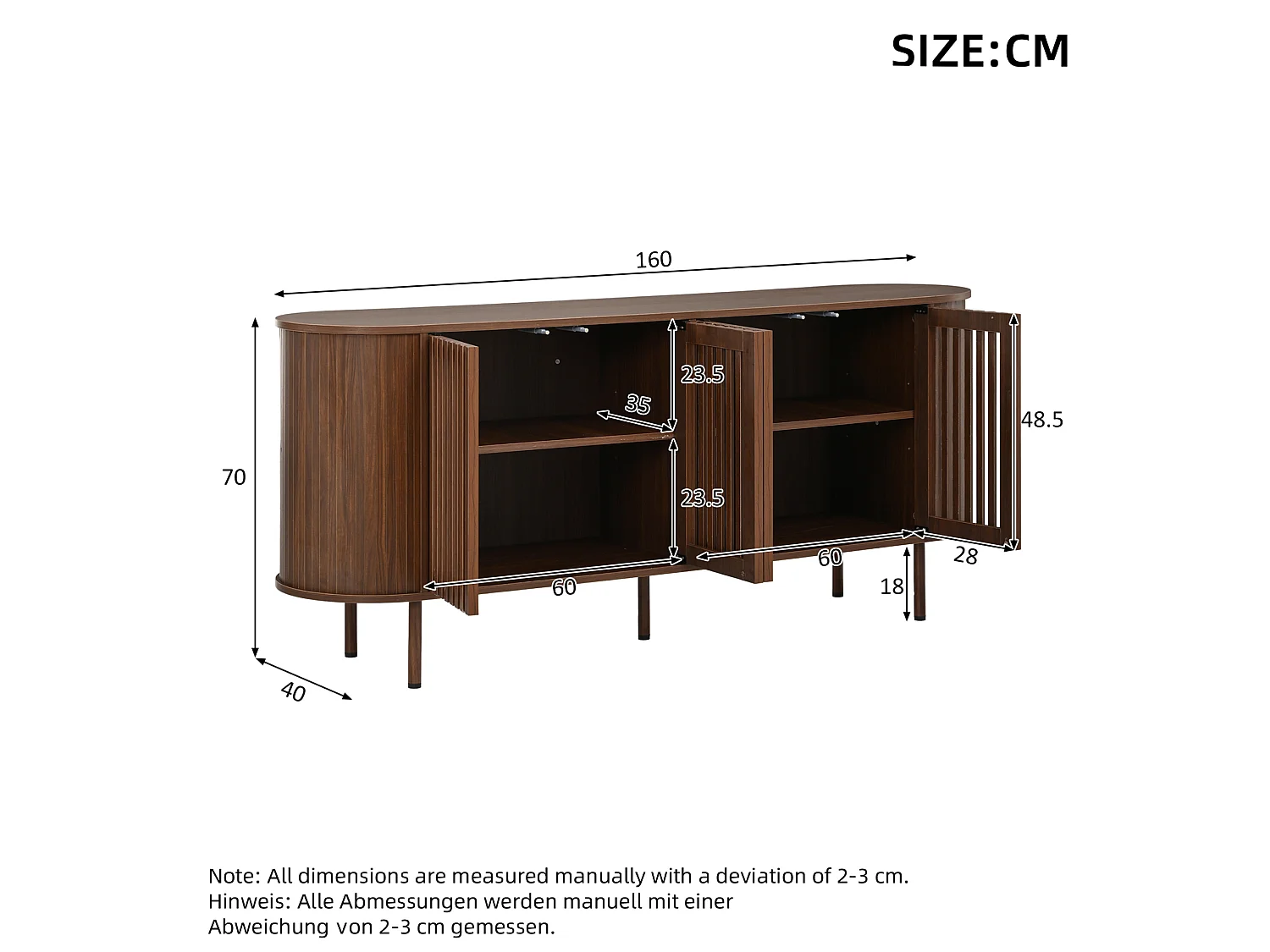 Buffet 160 x 40 x 70 cm avec 4 portes et étagères réglables - Marron
