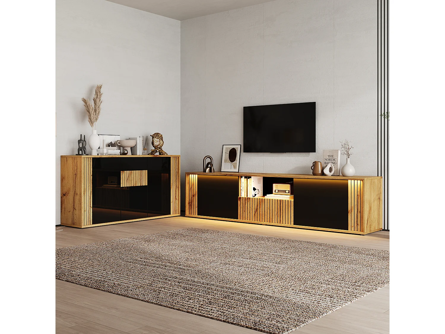Ensemble buffet et meuble TV avec rangement - Noir et bois