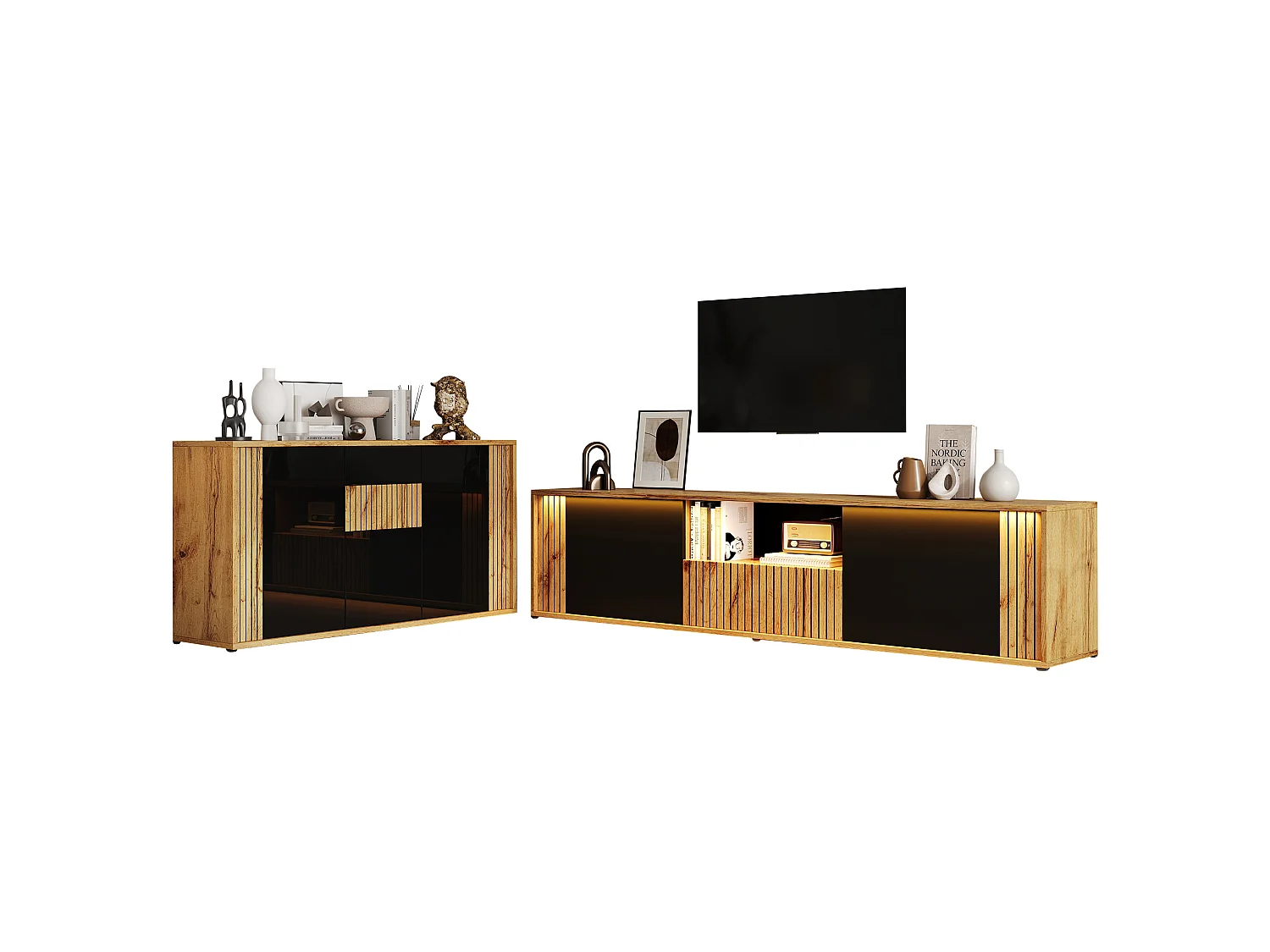 Ensemble buffet et meuble TV avec rangement - Noir et bois