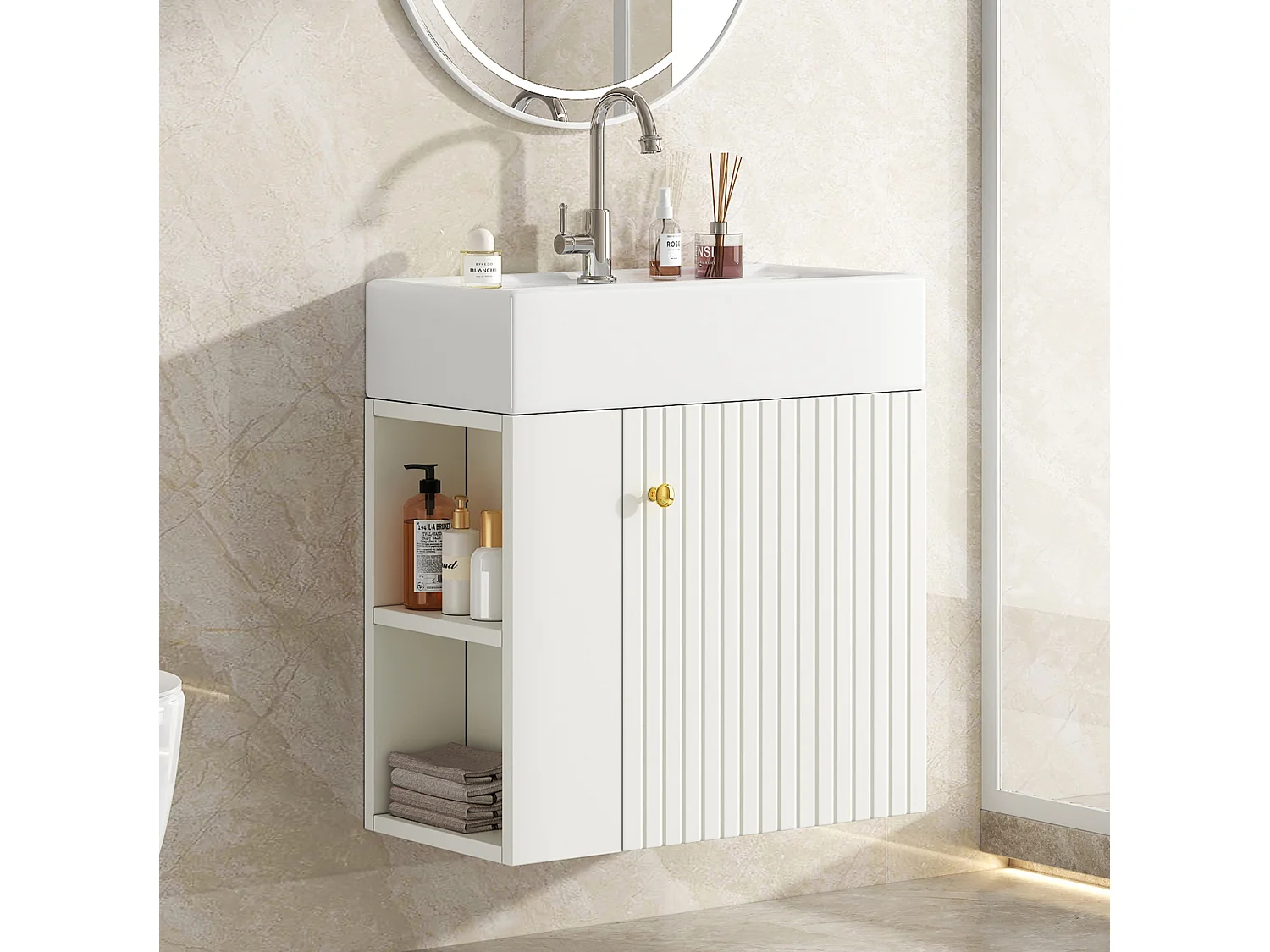Meuble de salle de bain suspendu avec vasque à encastrer - Blanc - 55 cm