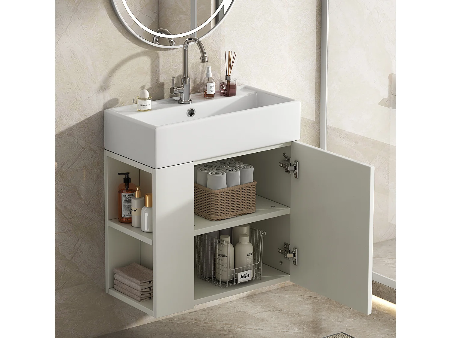 Meuble de salle de bain suspendu avec vasque à encastrer - Blanc - 55 cm