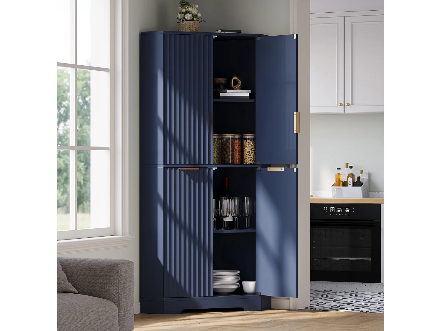 Buffet d'angle avec 4 portes et étagères réglables - Bleu 60 × 60 × 172 cm